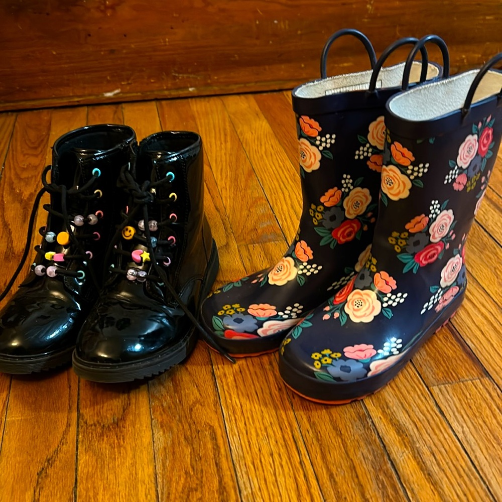 Black Patent Leather Boots and Floral Rain Boots